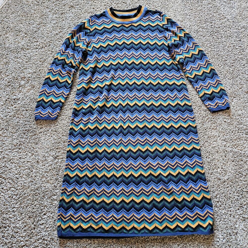 Modcloth Dress Womens Size 2X Chevron Knit Long Sleeve Crew Neck Sweater Blue
